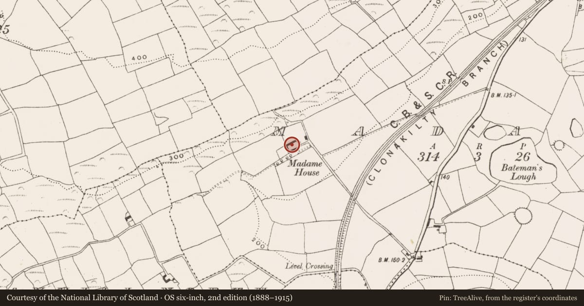 Ordnance Survey six-inch map, 2nd edition (1888–1915) covering the location of Country house, Madame, County Cork, with a pin at the register's coordinates