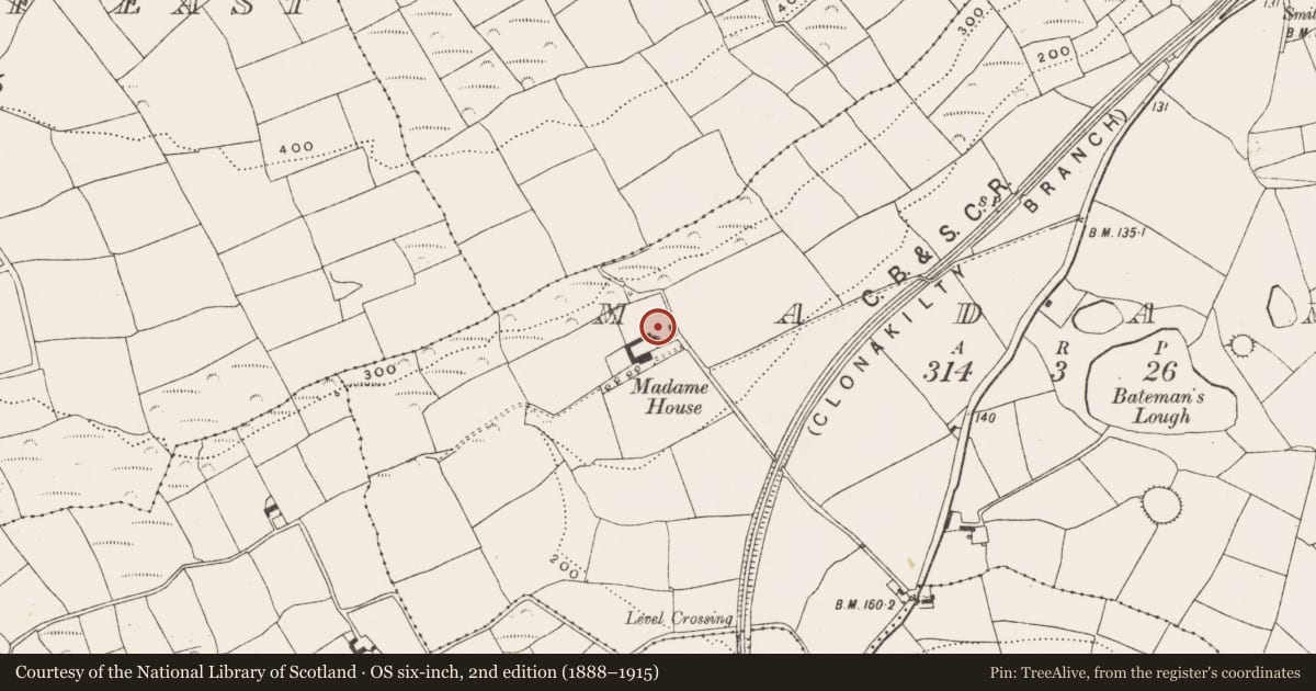 Ordnance Survey six-inch map, 2nd edition (1888–1915) covering the location of Souterrain, Madame, County Cork, with a pin at the register's coordinates