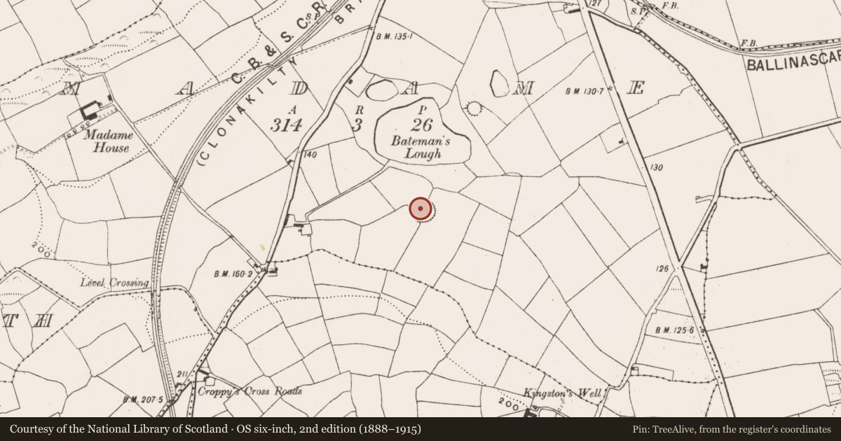 Ordnance Survey six-inch map, 2nd edition (1888–1915) covering the location of Enclosure, Madame, County Cork, with a pin at the register's coordinates