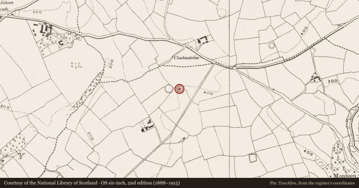 Ordnance Survey six-inch map, 2nd edition (1888–1915) covering the location of Ringfort - rath, Monteen, County Cork, with a pin at the register's coordinates