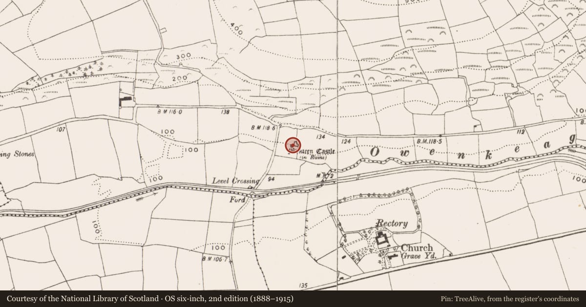 Ordnance Survey six-inch map, 2nd edition (1888–1915) covering the location of Castle - tower house, Monteen, County Cork, with a pin at the register's coordinates