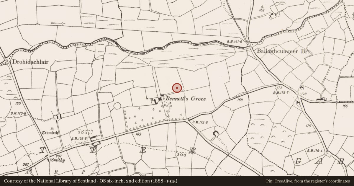 Ordnance Survey six-inch map, 2nd edition (1888–1915) covering the location of Burnt spread, Letter, County Cork, with a pin at the register's coordinates