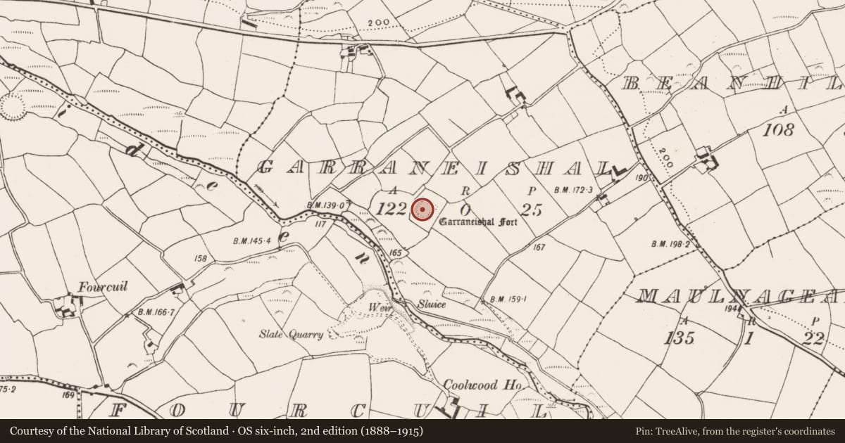 Ordnance Survey six-inch map, 2nd edition (1888–1915) covering the location of Moated site, Garraneishal, County Cork, with a pin at the register's coordinates