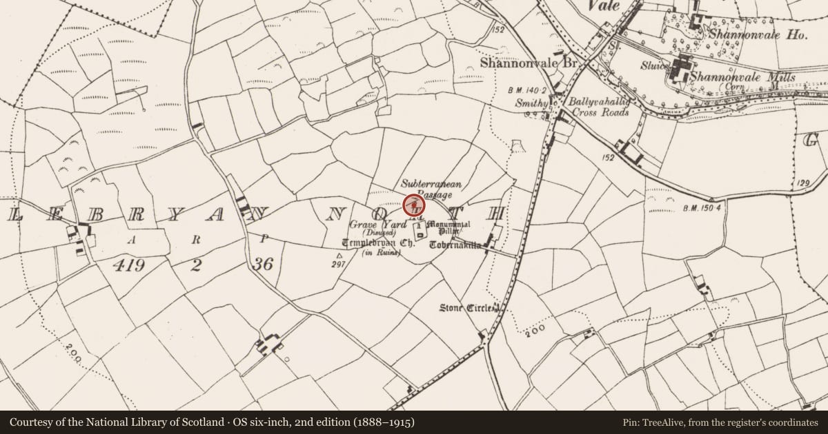 Ordnance Survey six-inch map, 2nd edition (1888–1915) covering the location of Souterrain, Templebryan North, County Cork, with a pin at the register's coordinates