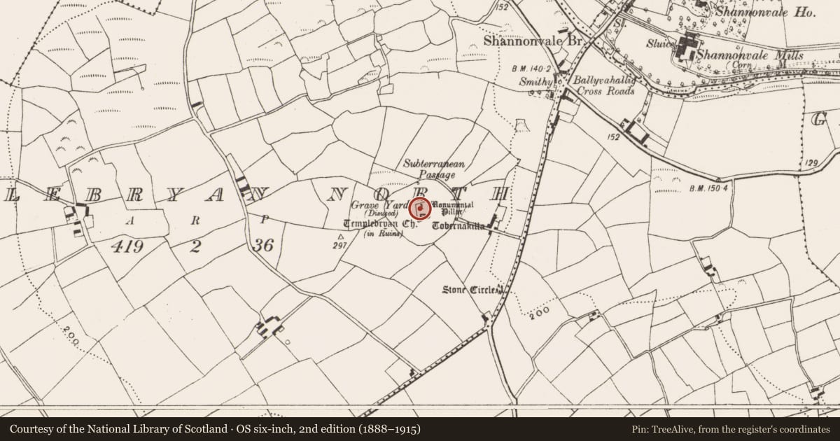 Ordnance Survey six-inch map, 2nd edition (1888–1915) covering the location of Ogham stone, Templebryan North, County Cork, with a pin at the register's coordinates