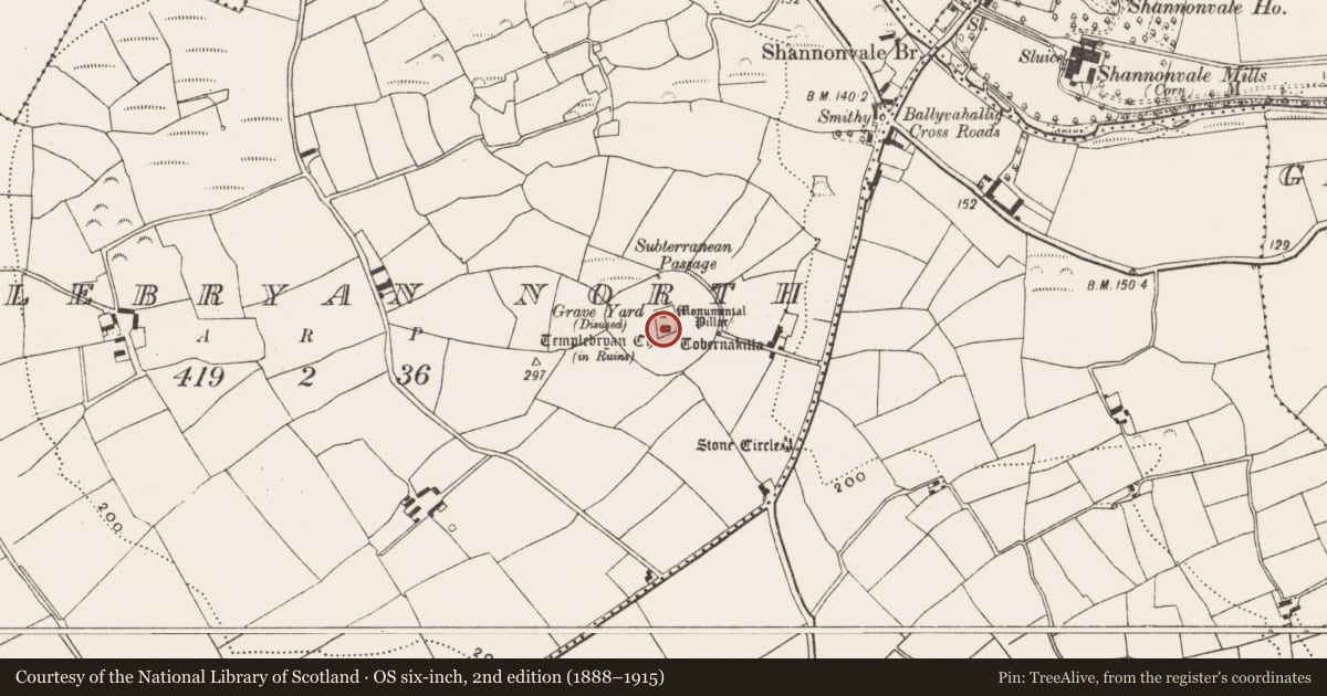 Ordnance Survey six-inch map, 2nd edition (1888–1915) covering the location of Church, Templebryan North, County Cork, with a pin at the register's coordinates