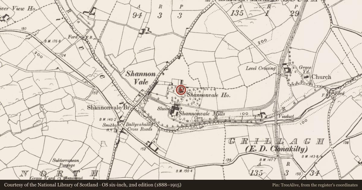 Ordnance Survey six-inch map, 2nd edition (1888–1915) covering the location of Country house, Grillagh (Carbery East By., Kilnagross Par.), County Cork, with a pin at the register's coordinates
