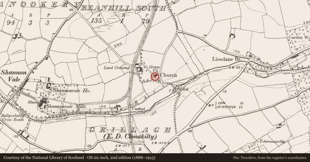 Ordnance Survey six-inch map, 2nd edition (1888–1915) covering the location of Graveyard, Beanhill South, County Cork, with a pin at the register's coordinates