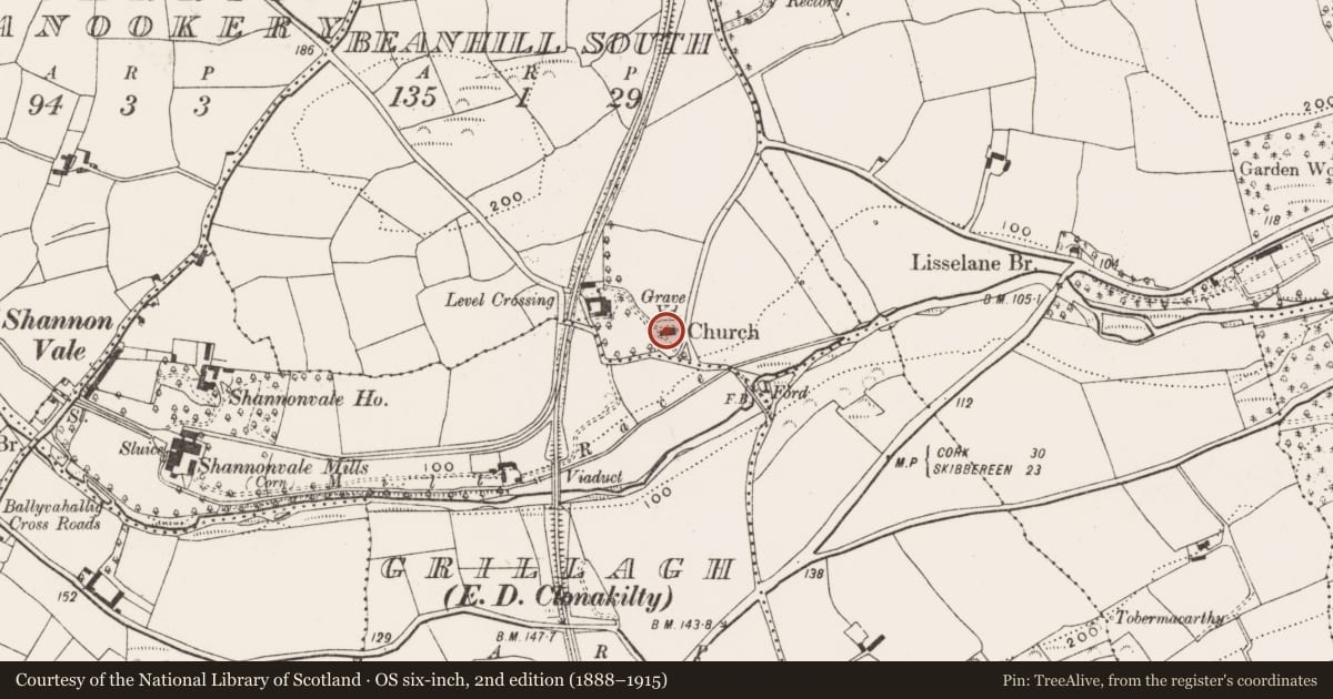 Ordnance Survey six-inch map, 2nd edition (1888–1915) covering the location of Church, Beanhill South, County Cork, with a pin at the register's coordinates