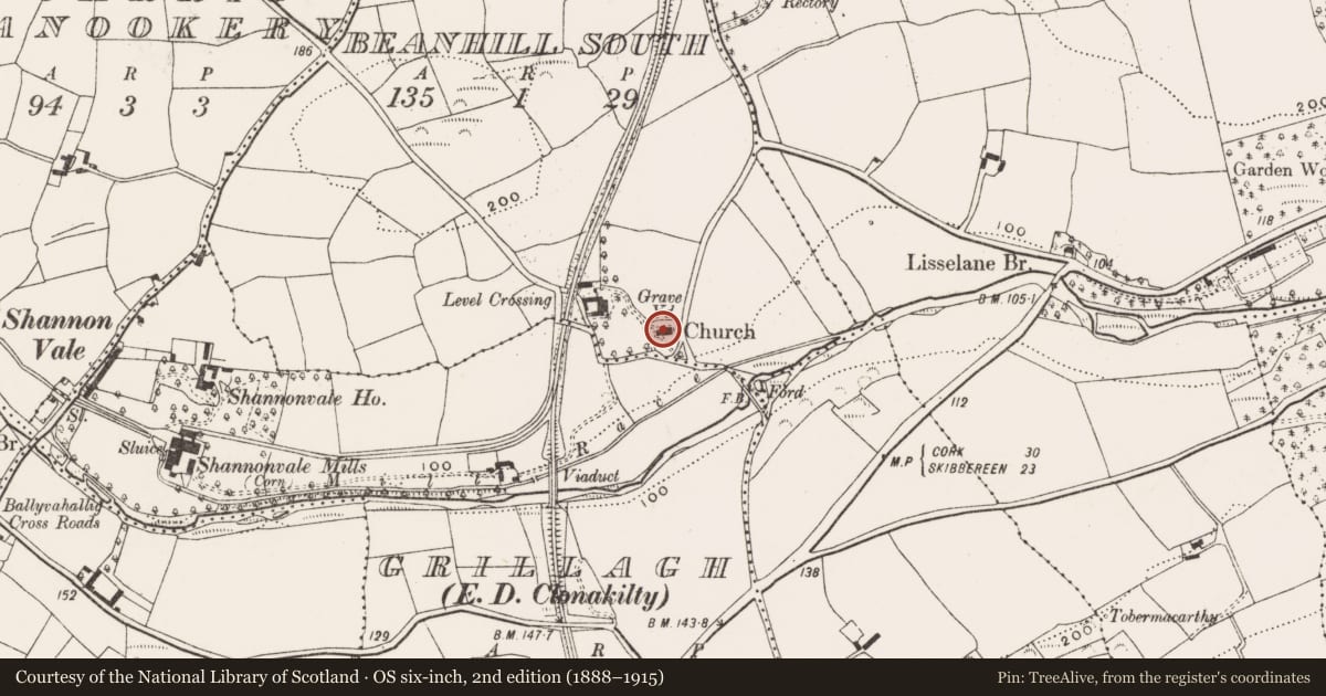 Ordnance Survey six-inch map, 2nd edition (1888–1915) covering the location of Church, Beanhill South, County Cork, with a pin at the register's coordinates