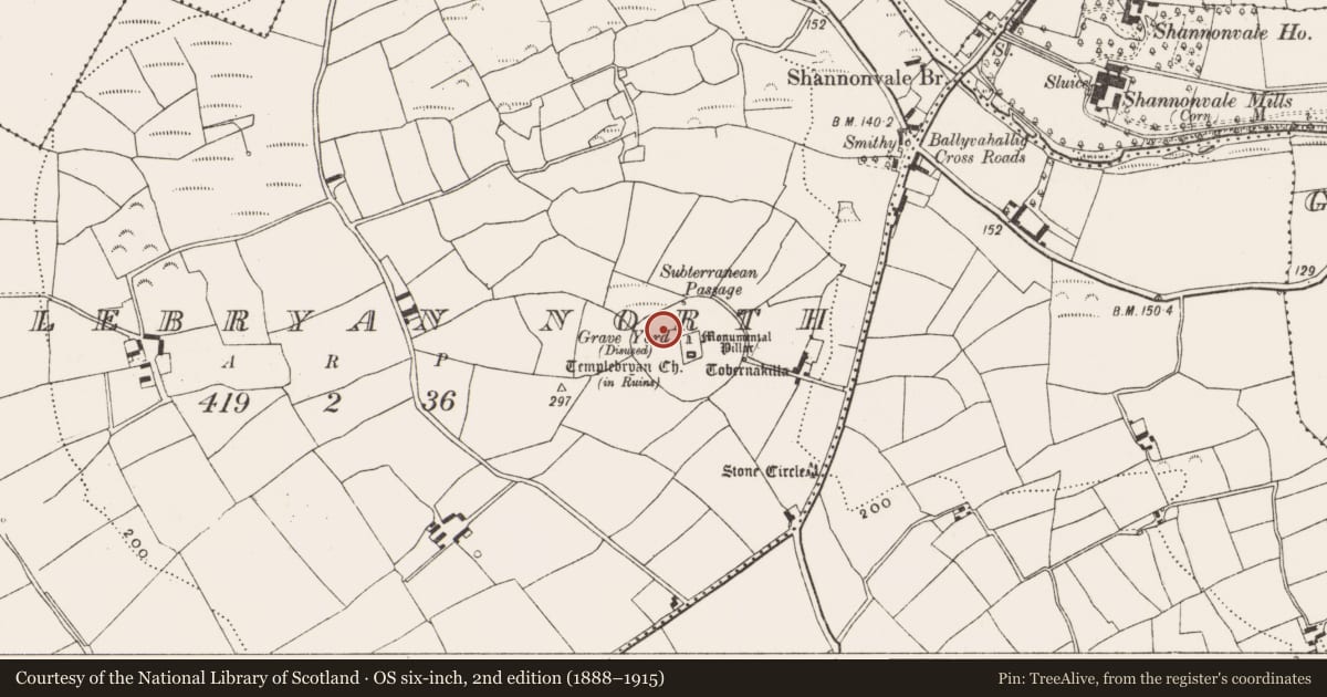 Ordnance Survey six-inch map, 2nd edition (1888–1915) covering the location of Souterrain, Templebryan North, County Cork, with a pin at the register's coordinates