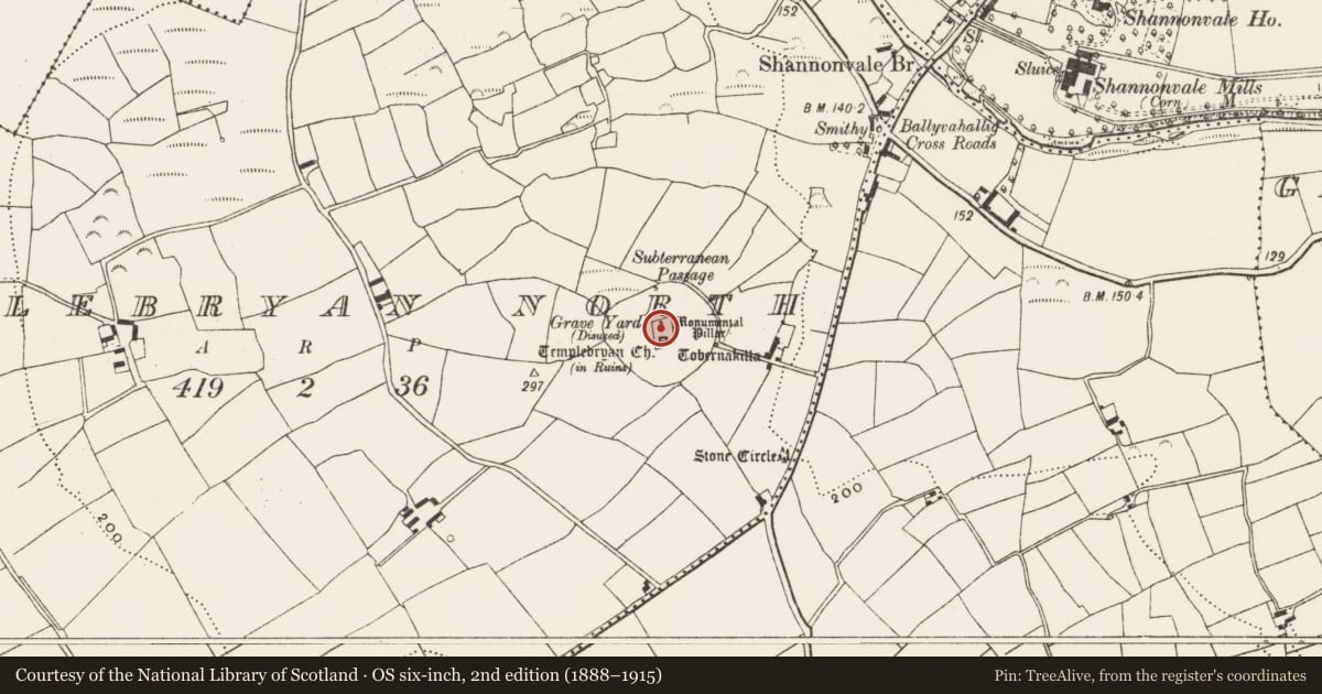Ordnance Survey six-inch map, 2nd edition (1888–1915) covering the location of Bullaun stone, Templebryan North, County Cork, with a pin at the register's coordinates