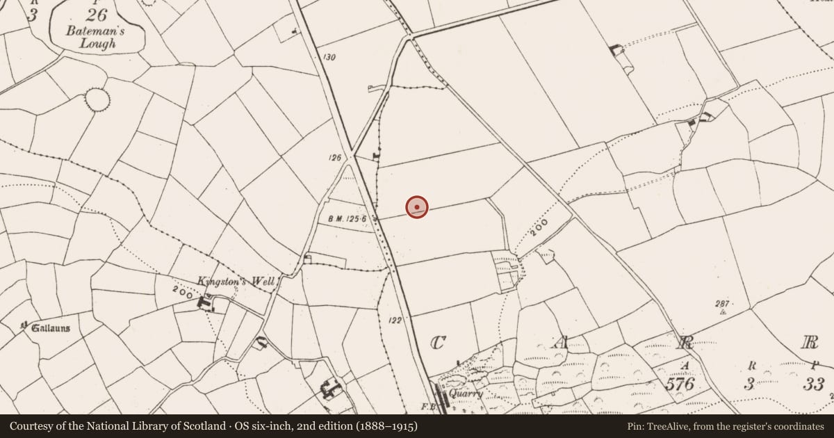 Ordnance Survey six-inch map, 2nd edition (1888–1915) covering the location of Fulacht fia, Carrig (Carbery East By., Kilmaloda Par.), County Cork, with a pin at the register's coordinates