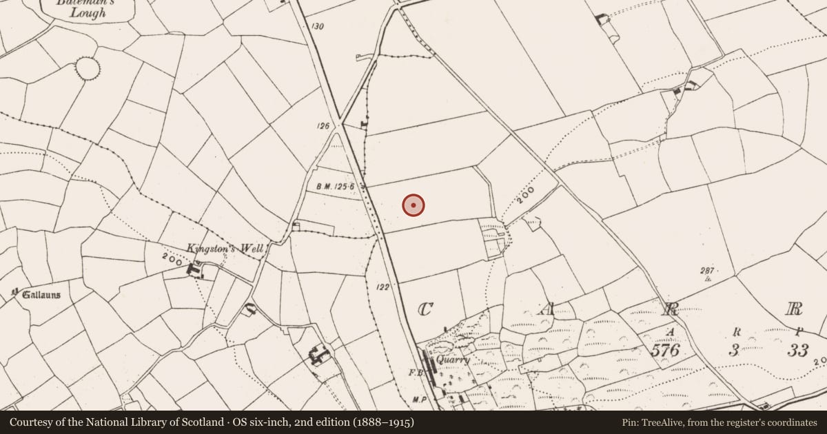 Ordnance Survey six-inch map, 2nd edition (1888–1915) covering the location of Fulacht fia, Carrig (Carbery East By., Kilmaloda Par.), County Cork, with a pin at the register's coordinates