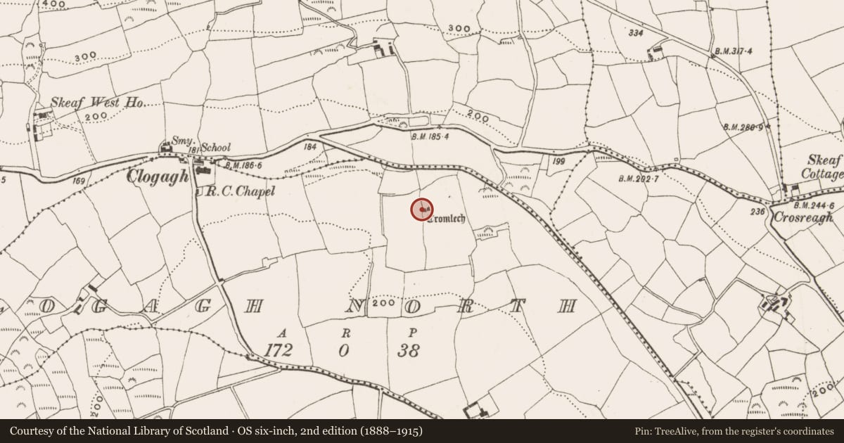 Ordnance Survey six-inch map, 2nd edition (1888–1915) covering the location of Standing stone - pair, Clogagh North, County Cork, with a pin at the register's coordinates