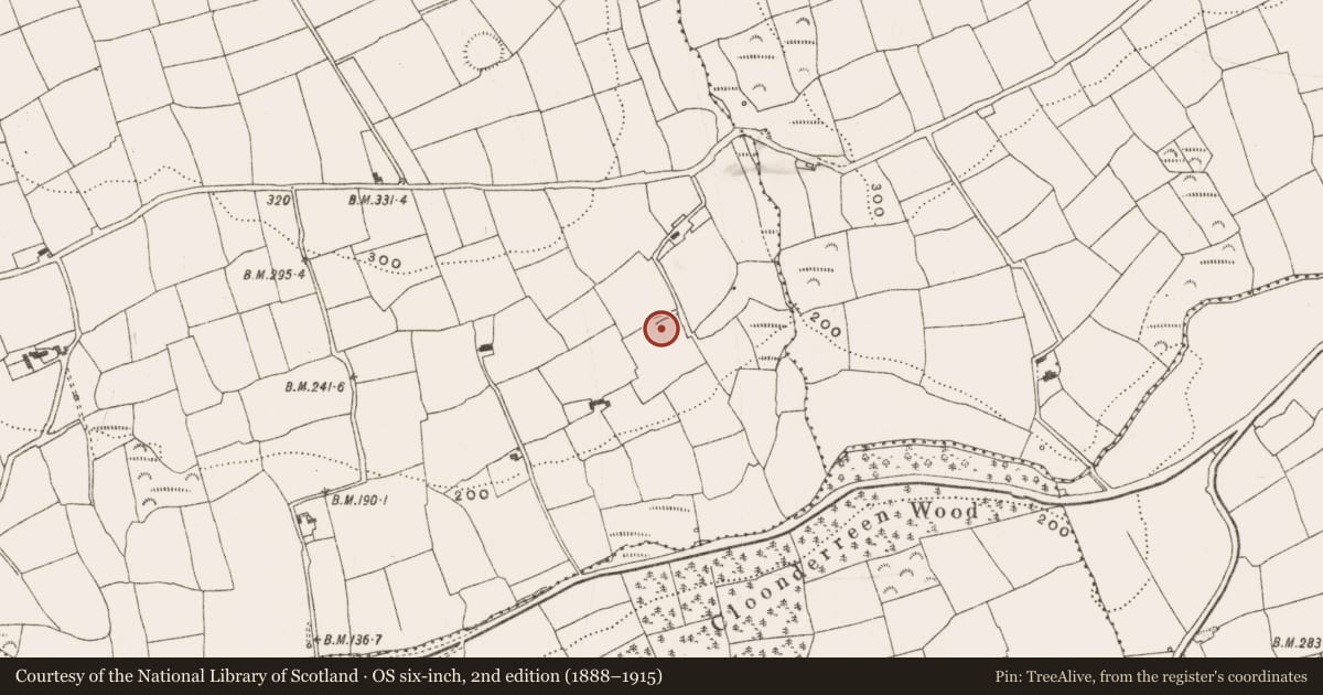 Ordnance Survey six-inch map, 2nd edition (1888–1915) covering the location of Moated site, Garryndruig, County Cork, with a pin at the register's coordinates