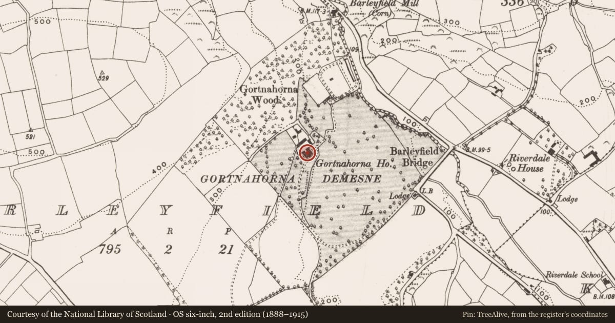 Ordnance Survey six-inch map, 2nd edition (1888–1915) covering the location of Country house, Barleyfield, County Cork, with a pin at the register's coordinates