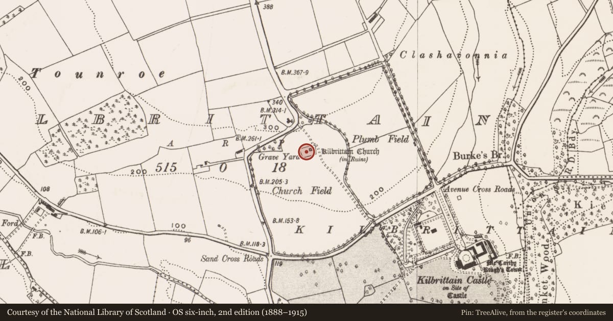 Ordnance Survey six-inch map, 2nd edition (1888–1915) covering the location of Graveyard, Kilbrittain, County Cork, with a pin at the register's coordinates