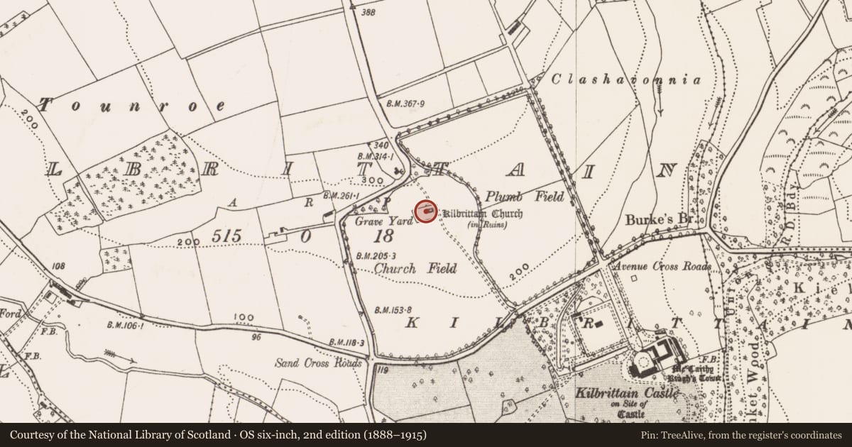 Ordnance Survey six-inch map, 2nd edition (1888–1915) covering the location of Church, Kilbrittain, County Cork, with a pin at the register's coordinates