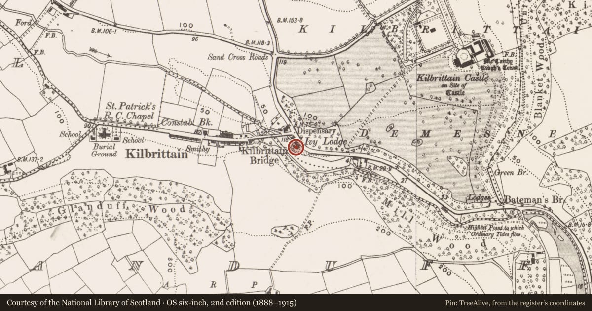 Ordnance Survey six-inch map, 2nd edition (1888–1915) covering the location of Country house, Kilbrittain, County Cork, with a pin at the register's coordinates