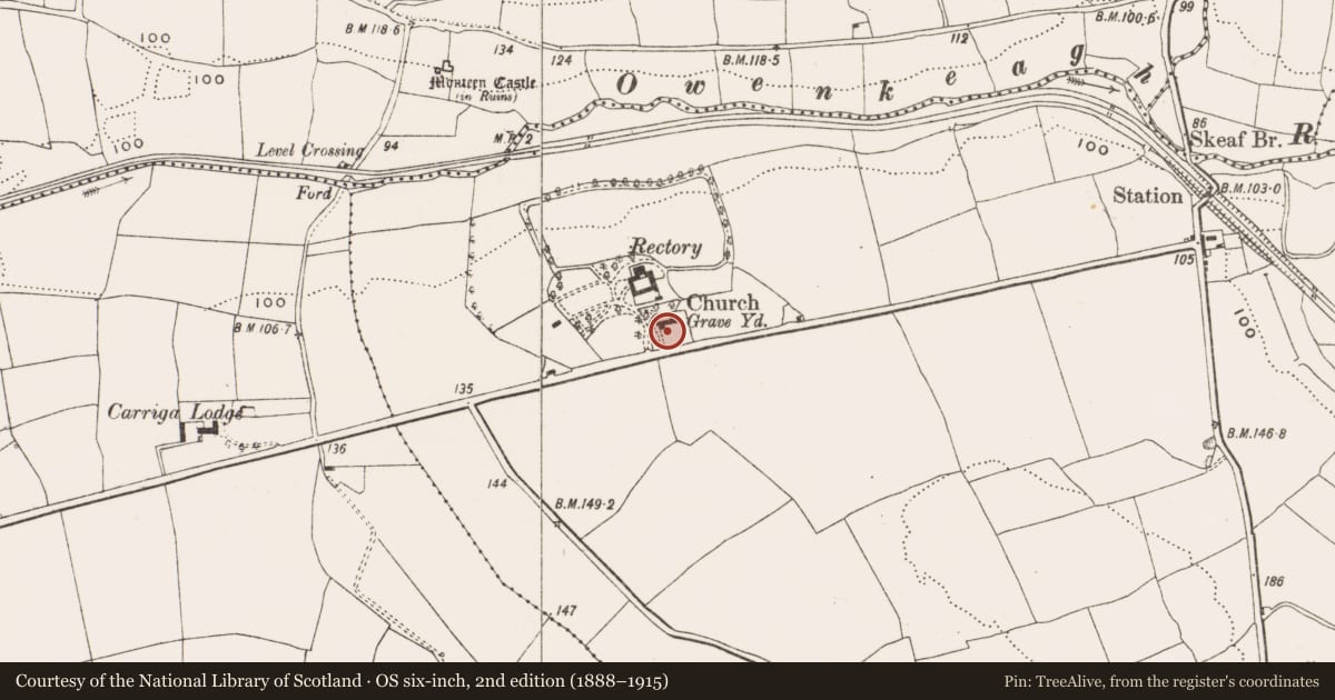 Ordnance Survey six-inch map, 2nd edition (1888–1915) covering the location of Graveyard, Kilmaloda, County Cork, with a pin at the register's coordinates