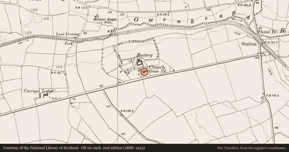 Ordnance Survey six-inch map, 2nd edition (1888–1915) covering the location of Church, Kilmaloda, County Cork, with a pin at the register's coordinates