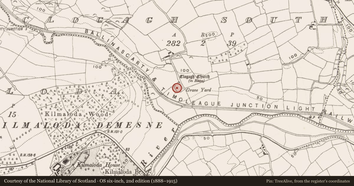 Ordnance Survey six-inch map, 2nd edition (1888–1915) covering the location of Graveyard, Clogagh South, County Cork, with a pin at the register's coordinates