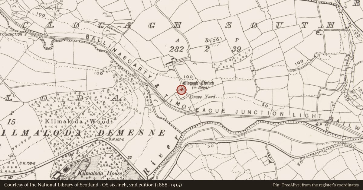 Ordnance Survey six-inch map, 2nd edition (1888–1915) covering the location of Church, Clogagh South, County Cork, with a pin at the register's coordinates
