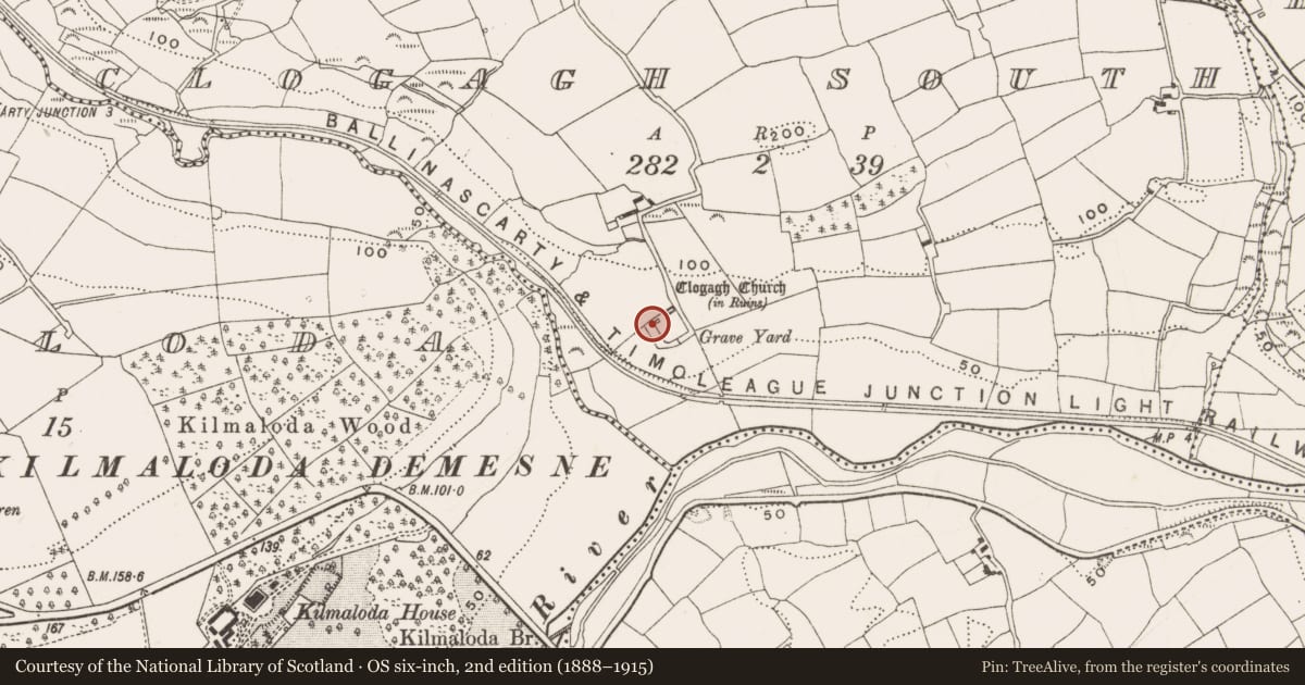 Ordnance Survey six-inch map, 2nd edition (1888–1915) covering the location of Watchman's hut - burial ground, Clogagh South, County Cork, with a pin at the register's coordinates