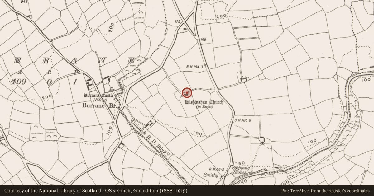Ordnance Survey six-inch map, 2nd edition (1888–1915) covering the location of Ecclesiastical enclosure, Kilshinahan, County Cork, with a pin at the register's coordinates