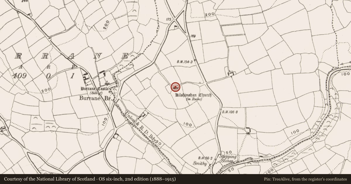 Ordnance Survey six-inch map, 2nd edition (1888–1915) covering the location of Church, Kilshinahan, County Cork, with a pin at the register's coordinates