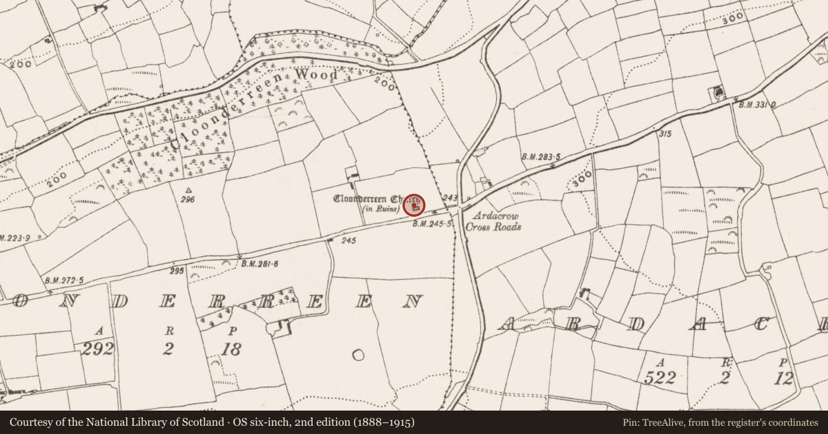 Ordnance Survey six-inch map, 2nd edition (1888–1915) covering the location of Church, Cloonderreen, County Cork, with a pin at the register's coordinates