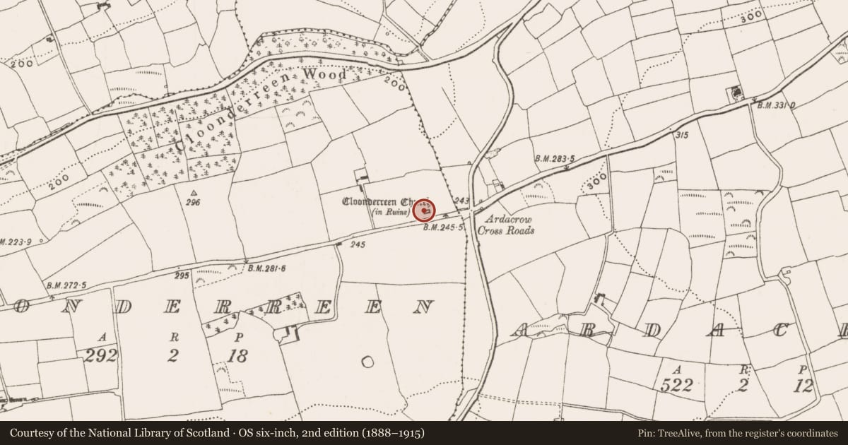 Ordnance Survey six-inch map, 2nd edition (1888–1915) covering the location of Graveyard, Cloonderreen, County Cork, with a pin at the register's coordinates