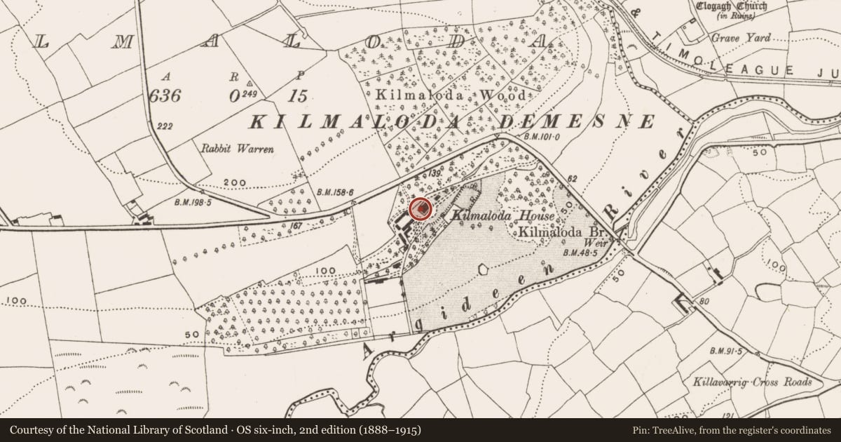 Ordnance Survey six-inch map, 2nd edition (1888–1915) covering the location of Country house, Kilmaloda, County Cork, with a pin at the register's coordinates