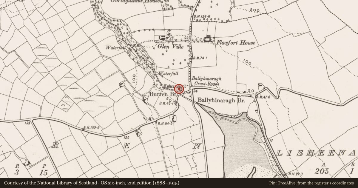 Ordnance Survey six-inch map, 2nd edition (1888–1915) covering the location of Ritual site - holy well, Farrannagark, County Cork, with a pin at the register's coordinates