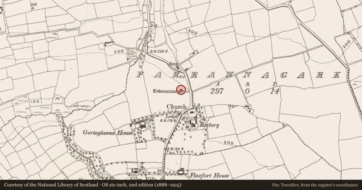 Ordnance Survey six-inch map, 2nd edition (1888–1915) covering the location of Ritual site - holy well, Farrannagark, County Cork, with a pin at the register's coordinates