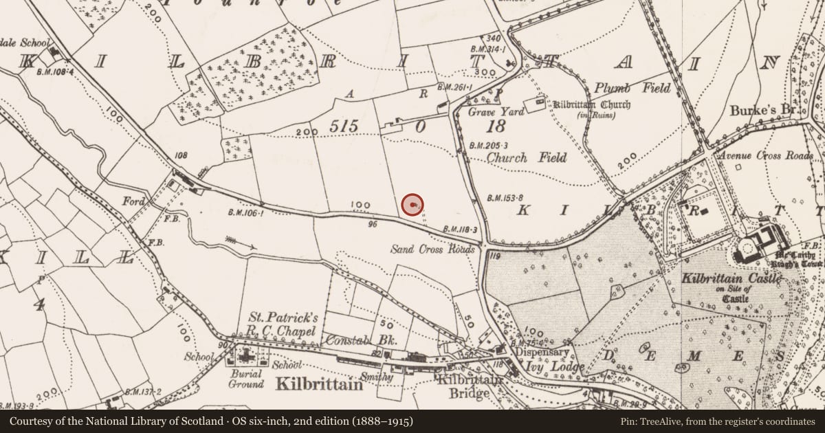 Ordnance Survey six-inch map, 2nd edition (1888–1915) covering the location of Ritual site - holy well, Kilbrittain, County Cork, with a pin at the register's coordinates