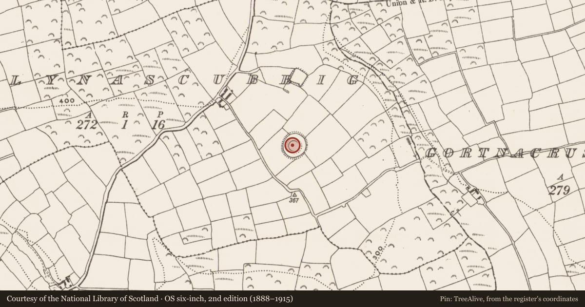 Ordnance Survey six-inch map, 2nd edition (1888–1915) covering the location of Ringfort - rath, Ballynascubbig, County Cork, with a pin at the register's coordinates