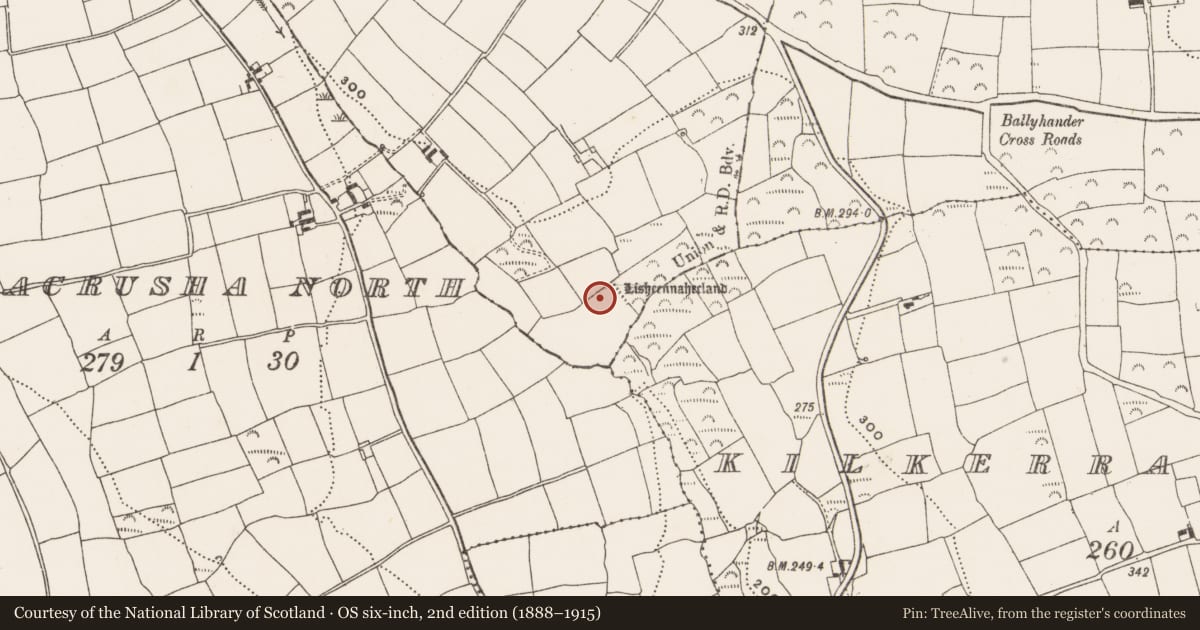 Ordnance Survey six-inch map, 2nd edition (1888–1915) covering the location of Moated site, Kilgobbin, County Cork, with a pin at the register's coordinates