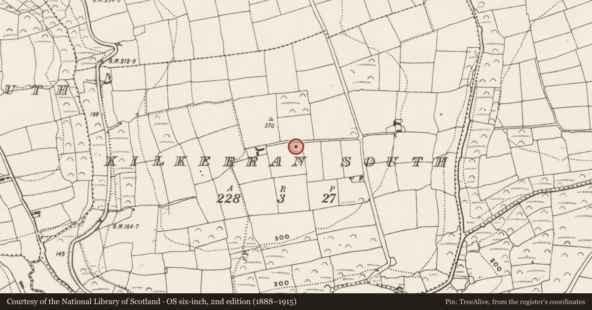Ordnance Survey six-inch map, 2nd edition (1888–1915) covering the location of Ringfort - rath, Kilkerran South, County Cork, with a pin at the register's coordinates