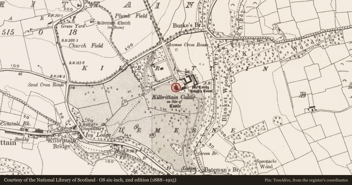 Ordnance Survey six-inch map, 2nd edition (1888–1915) covering the location of Country house, Kilbrittain, County Cork, with a pin at the register's coordinates