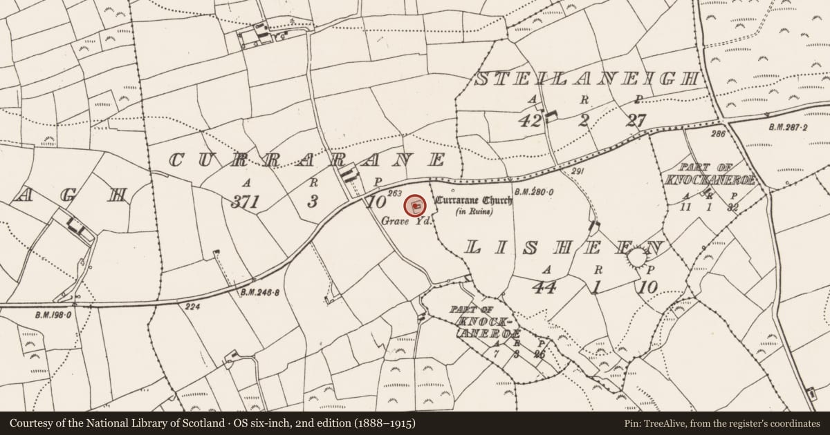 Ordnance Survey six-inch map, 2nd edition (1888–1915) covering the location of Graveyard, Currarane (Carbery East By., Templetrine Par.), County Cork, with a pin at the register's coordinates
