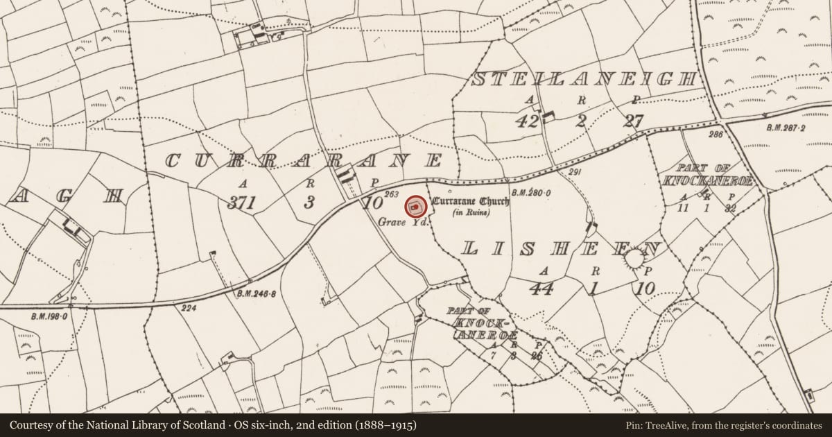 Ordnance Survey six-inch map, 2nd edition (1888–1915) covering the location of Church, Currarane (Carbery East By., Templetrine Par.), County Cork, with a pin at the register's coordinates