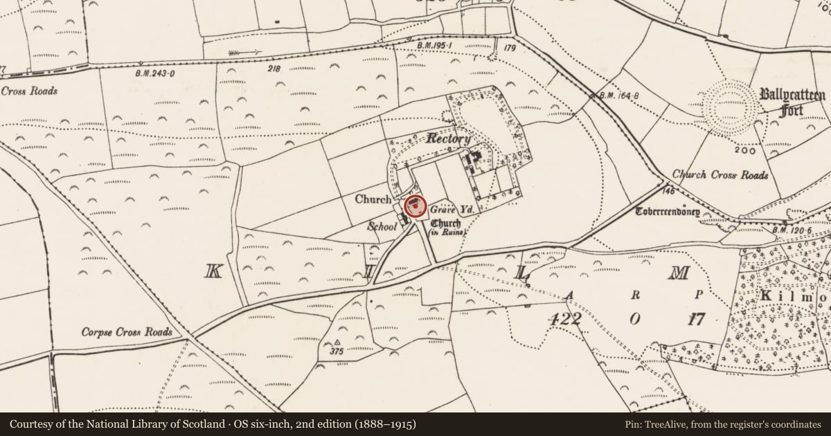 Ordnance Survey six-inch map, 2nd edition (1888–1915) covering the location of Graveyard, Kilmore, County Cork, with a pin at the register's coordinates