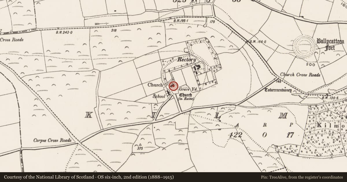 Ordnance Survey six-inch map, 2nd edition (1888–1915) covering the location of Church, Kilmore, County Cork, with a pin at the register's coordinates
