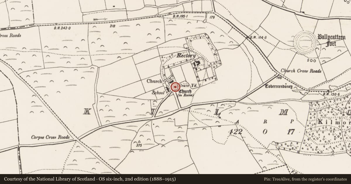 Ordnance Survey six-inch map, 2nd edition (1888–1915) covering the location of Church, Kilmore, County Cork, with a pin at the register's coordinates
