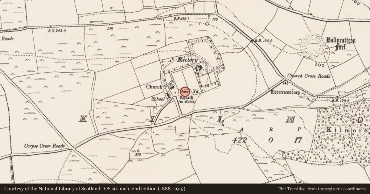 Ordnance Survey six-inch map, 2nd edition (1888–1915) covering the location of Ringfort - rath, Kilmore, County Cork, with a pin at the register's coordinates