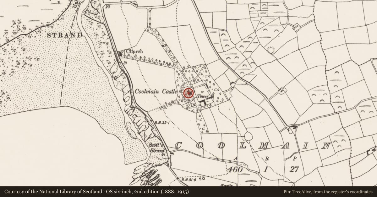 Ordnance Survey six-inch map, 2nd edition (1888–1915) covering the location of Country house, Coolmain, County Cork, with a pin at the register's coordinates