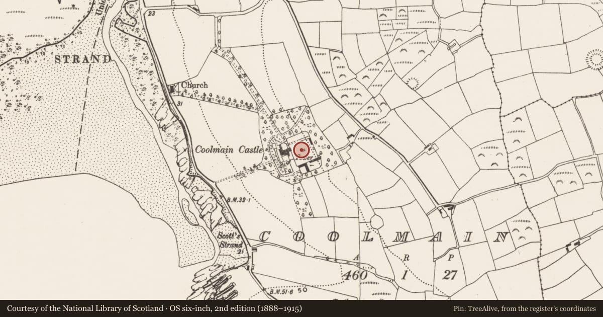 Ordnance Survey six-inch map, 2nd edition (1888–1915) covering the location of Designed landscape - belvedere, Coolmain, County Cork, with a pin at the register's coordinates