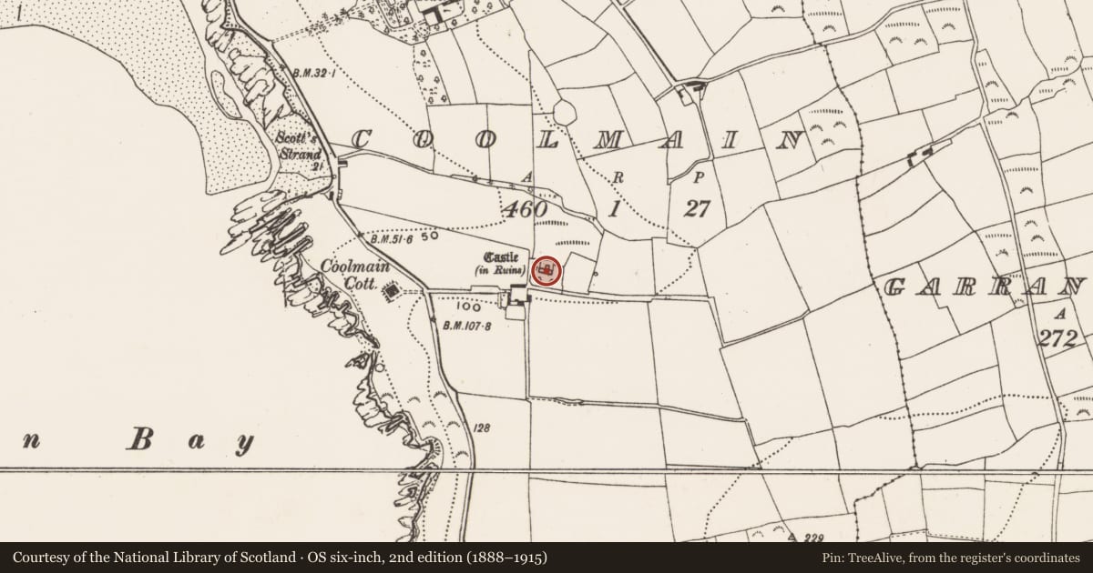 Ordnance Survey six-inch map, 2nd edition (1888–1915) covering the location of Castle - tower house, Coolmain, County Cork, with a pin at the register's coordinates